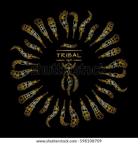 Vector tribal frame with place for Your text. Illustration of ethnic feathers, dreamcatcher. Boho style art, perfect for invitations, quotes, blogs, posters and more. Premium gold style  