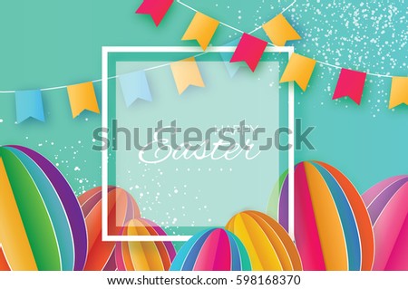 Origami Happy Easter Greeting card. Colorful Paper cut Easter Egg, flags. Square frame. Blue background. Vector illustration.