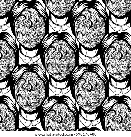 Vector pattern with  illustration of weird young girl with sea waves instead face made in hand drawn style. Graphic Noir artwork. Character design. Template for card poster banner print for t-shirt