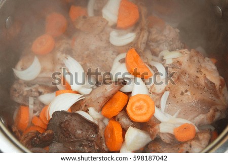 Roast rabbit in pan with onions and carrots