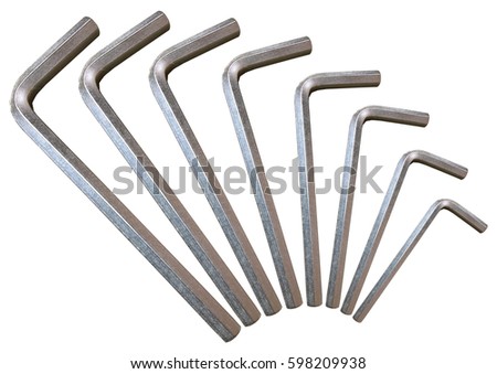 Hex Key Silver Set Arc Isolated. Kit of silver coloured Hex keys. White background. Royalty-Free Stock Photo #598209938