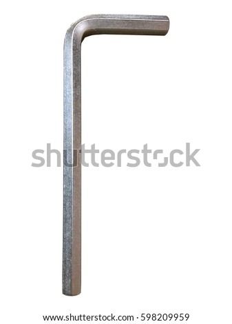 Hex Key Silver Isolated. Silver coloured hex key. White background. Royalty-Free Stock Photo #598209959