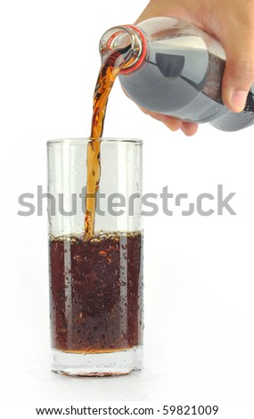 Black cool drink pouring into a glass with a white background