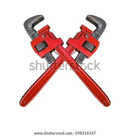 Monkey Wrench Cross. Red wrenches crossed. White background. Royalty-Free Stock Photo #598216547