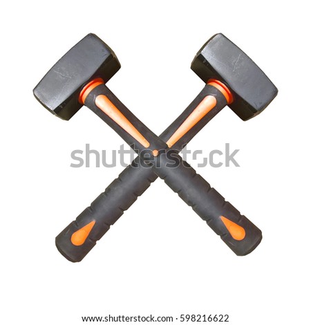 Lump Hammers Cross. Black, orange crossed hammers. White background. Royalty-Free Stock Photo #598216622