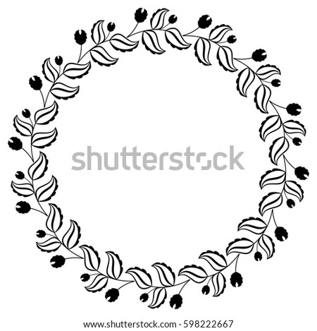 Silhouette round frame. Abstract black and white ornament with decorative flowers. Copy space. Vector clip art.
