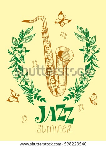 Jazz emblem with a saxophone. Isolated vector illustration. Design element for the create of the label, brochures, posters 