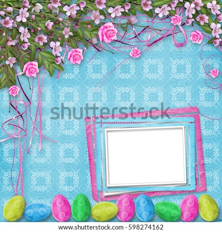 Pastel background with multicolored eggs and roses to celebrate Easter