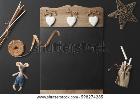Chalkboard scene mockup, top view, with decor elements, and blank copy, logo space on black background.