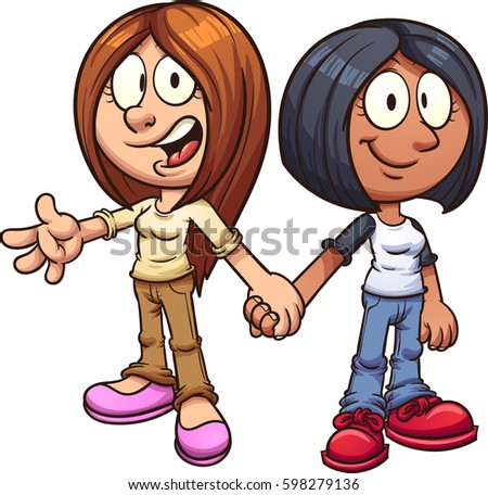 Cartoon girl friends holding hands. Vector clip art illustration with simple gradients. All in a single layer. 