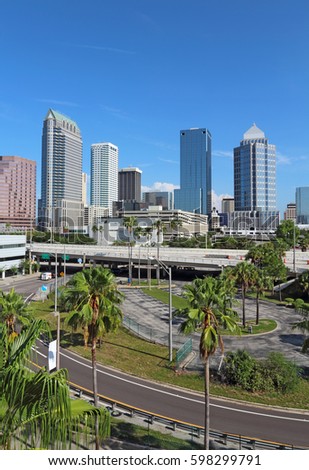 Partial skyline of Tampa, Florida with skyscrapers and office buildings vertical