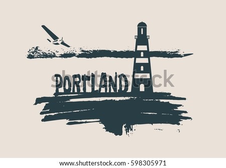 Lighthouse on brush stroke seashore. Clouds line with retro airplane icon. Vector illustration. Portland city name text.