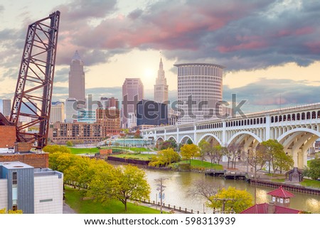 View of downtown Cleveland skyline in Ohio USA at twilight