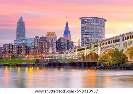 View of downtown Cleveland skyline in Ohio USA at twilight Royalty-Free Stock Photo #598313957
