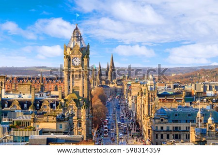 Old town Edinburgh and Edinburgh castle in Scotland UK Royalty-Free Stock Photo #598314359