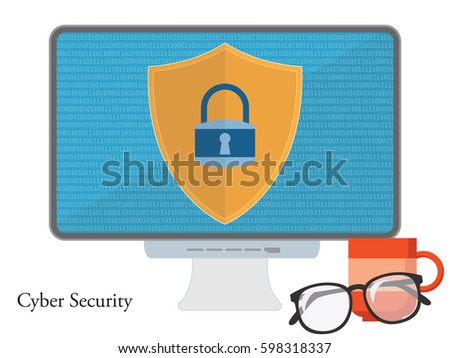 Cyber safety and security lock concept - computer screen vector illustration
