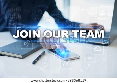 Businessman working in office, pressing button on virtual screen and selecting join our team.