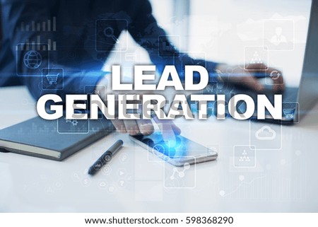 Businessman working in office, pressing button on virtual screen and selecting lead generation.