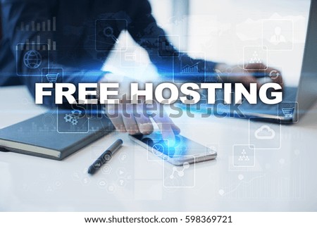 Businessman working in office, pressing button on virtual screen and selecting free hosting.
