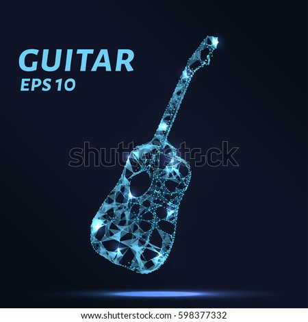The guitar is composed of points, lines and triangles. The polygon shape in the form of a silhouette of a guitar on a dark background. Vector illustration. Graphic concept guitar.