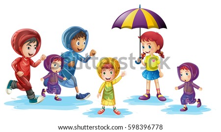 Children wearing raincoats in rainy season illustration