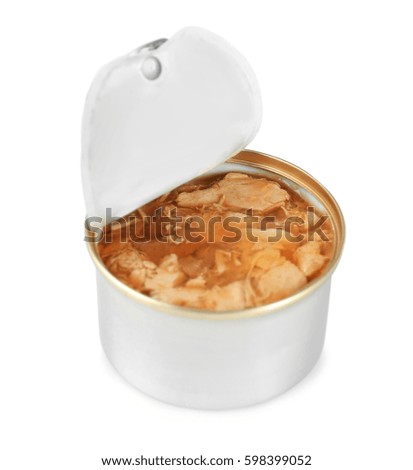 Cat food in can on white background