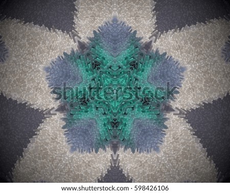 Violet, green, beige and black. Abstract small squares extruded mandala. Five sided star shape inside pentagon.