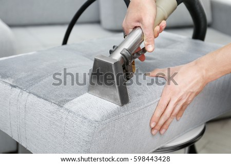 Dry cleaner's employee removing dirt from furniture in flat, closeup Royalty-Free Stock Photo #598443428