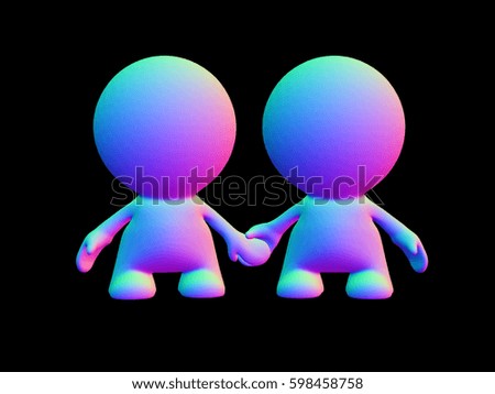 two colorful human characters in holding hands (3d illustration isolated on black background) 