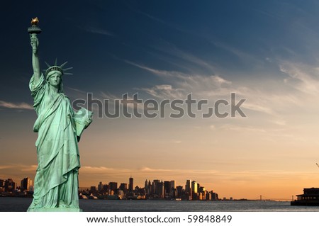 photo tourism concept new york city with statue liberty