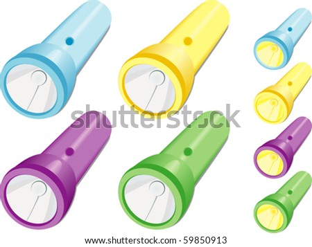 Flashlights! - Electric torches (lighted and unlighted, blue yellow purple and green) isolated on white. Vector illustration. Suitable for advertising, editorial graphics. See others on "Objects" set.