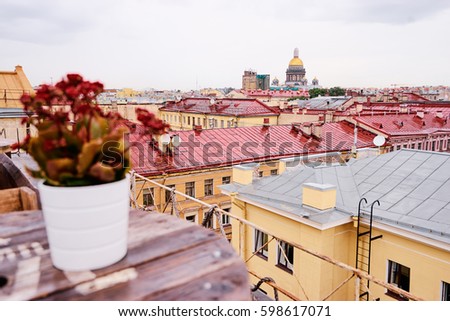 Terrace on the roof top with beautiful view of Saint Peterburg old town.