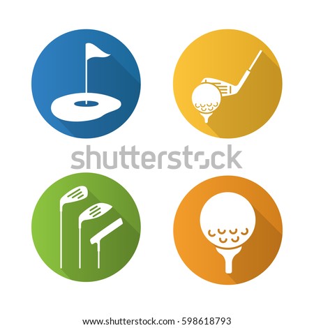 Golf flat design long shadow icons set. Golf course, clubs, ball on tee. Vector silhouette illustration