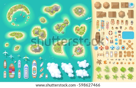 Vector set. Summer vacation. Tropical islands. (top view) Time to travel - sun, sea, island, sand, yacht, airplane, people, furniture, palm trees, clouds. (view from above) Royalty-Free Stock Photo #598627466