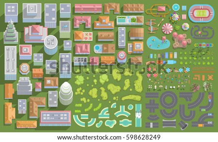 Set of landscape elements. City. (Top view) Houses, buildings, skyscrapers, attractions, road, river, trees. (View from above) Royalty-Free Stock Photo #598628249