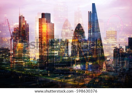 City of London at night. Multiple exposure image includes Walkie-Talkie building, City of London financial aria
