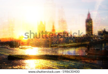 City of London at night. Multiple exposure image includes Walkie-Talkie building, City of London financial aria, Big Ben, River Thames at sunset