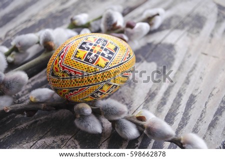 Easter colorful egg and willow branches on wooden background. Springtime. Holiday card. Spring willow twigs with catkins and ornate egg. Happy Easter. Still life with Pysanka. Easter background.