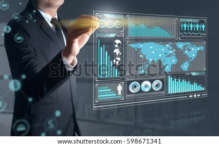 business man touching icon of media screen and world network concept