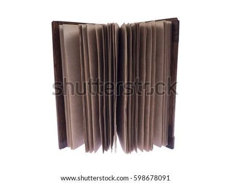 Open vintage notebook with wooden covers on white background