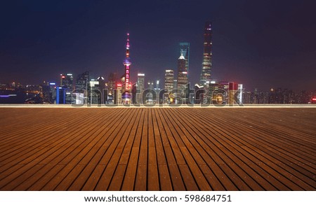 Empty wood floor textured with Aerial photography bird-eye view at Shanghai bund Skyline of sunrise