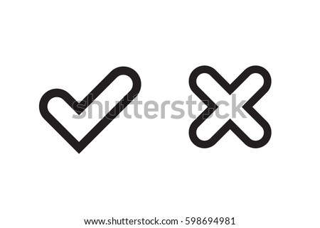 Tick and cross signs. Black checkmark OK and X icons, isolated on white background. Simple marks graphic design. Circle symbols YES and NO button for vote, decision, web. Vector illustration