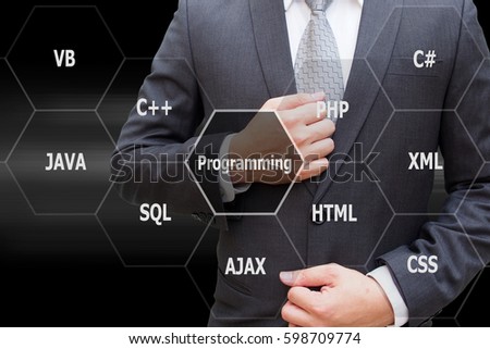Programmer with virtual panel of programming languages, Computer technology concept