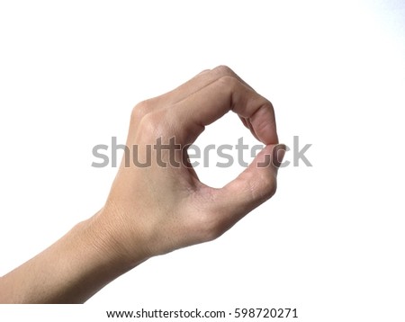 A person show hand sign mean o consonant, point isolated on white background with note space
