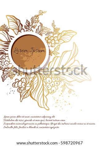 Branch of coffee tree with leaves, flowers and coffee beans. Botanical drawing in circle. Floral decor for design template. Place for text. Vector illustration for greeting card, wallpaper, background