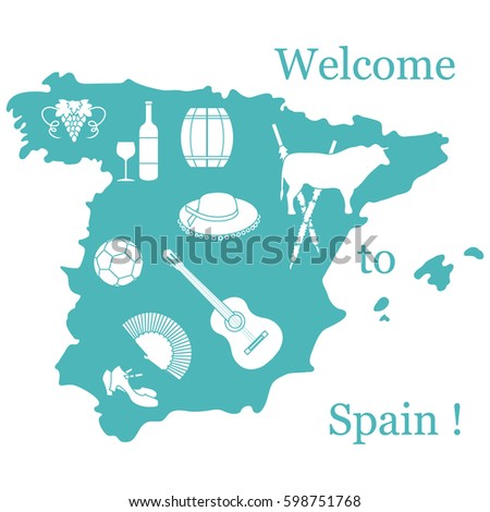 Vector illustration with various symbols of Spain. Travel and leisure. Design for banner, poster or print.