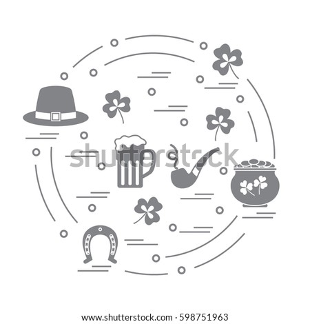 Cute vector illustration with different symbols for St. Patrick's Day arranged in a circle. Design for banner, poster or print. 