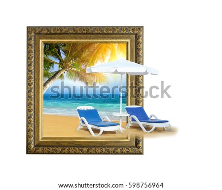 Tropical beach with chair on sand and palm tree in old wooden frame with 3d effect
