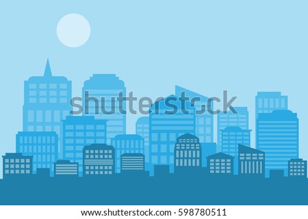 blue cityscape with sun on blue sky.vector and illustration 