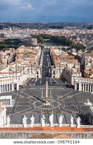 Famous Saint Peter's Square in Vatican,  an aerial view of the city Rome, Italy. 